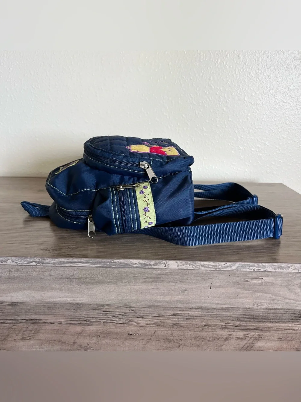 VTG Disney Winnie the Pooh Mini Backpack 90’s Y2K Blue Nylon Side Zip Pockets